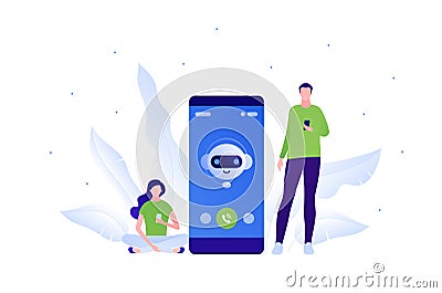 Chat bot ai and customer service support concept. Vector flat person illustration. Man and woman hold smartphone. Chatbot on Vector Illustration