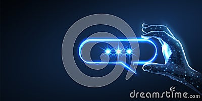 Chat bot assistance. Polygonal bubble speech in digital hand. AI chatbot service, virtual assistant, ChatGPT concept. Vector Illustration