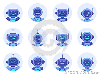 Chat bot avatars. Robotic digital assistant avatar, computer online assistance bot, virtual machine help bots vector Vector Illustration
