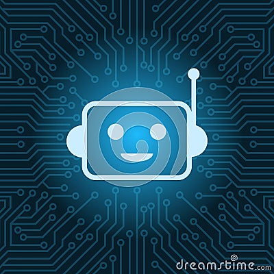 Chat Bot Face Icon Smiling Robot Over Blue Circuit Motherboard Background Vector Illustration