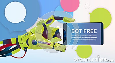 Chat Bot Hands Using Cell Smart Phone, Robot Virtual Assistance Of Website Or Mobile Applications, Artificial Vector Illustration