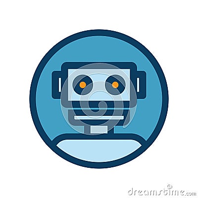 Chat bot icon. Outline robot sign in blue circle. Vector Illustration