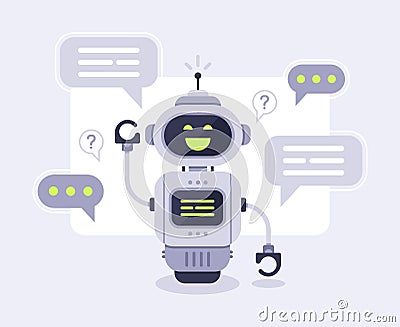 Chat bot messages. Smart chatbot assistant conversation, online customer support robot and talking to machine bots Vector Illustration