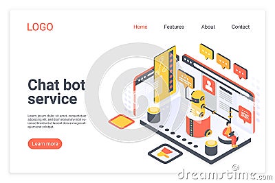 Chat bot service isometric vector landing page template. Customer support chatbot website design layout. Client virtual Vector Illustration