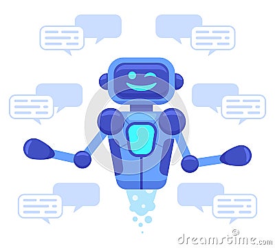Chat bot support. Chat bot assistant online conversation, robots support chatting, virtual assistant talk service Vector Illustration