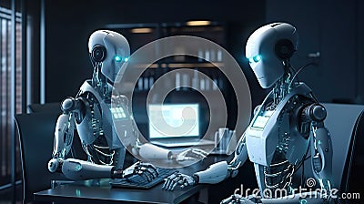 Chat bots working and chatting in computer. AI Generated Cartoon Illustration
