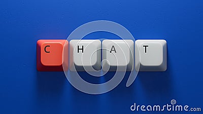 Chat.Computer keyboard keys spelling.Flat lay view from above on blue background Stock Photo