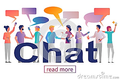 Chat concept. Group of young people with gadgets Vector Illustration