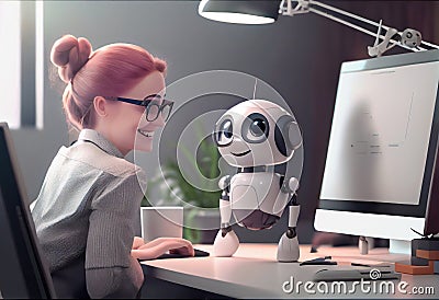 Chat GPT chat bot and woman in office. AI robot for work assistant, communication, student education. Generative AI. Stock Photo