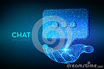 Chat icon. Low poly abstract Chat sign in hand. Speech bubble message symbol. Dialogue cloud. Abstract Social Network or Cartoon Illustration