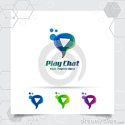 Chat logo design vector concept of speech bubble and play button . Media chat logo vector for app, communication and community Vector Illustration