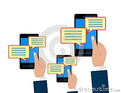 Chat message notifications concept. Hands holding smartphones isolated on white background. Vector Illustration