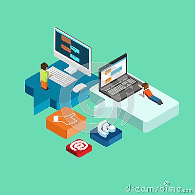 Chat message social media flat 3d isometric concept vector Vector Illustration