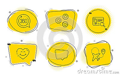 Chat message, Website search and 360 degrees icons set. Smile face, Gears and Airplane signs. Vector Vector Illustration