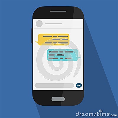 Chat messages notification on black mobile phone. Isolated on blue background. Vector flat illustration Vector Illustration