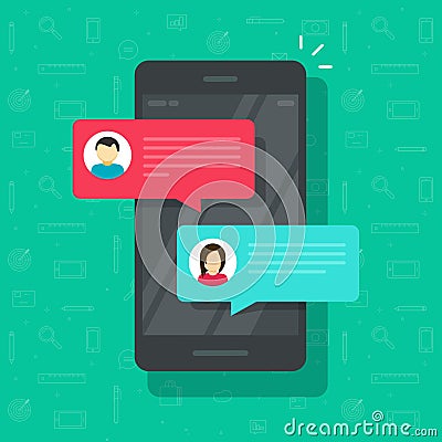 Chat messages notification on smartphone vector illustration, flat cartoon sms bubbles on mobile phone screen, man Vector Illustration