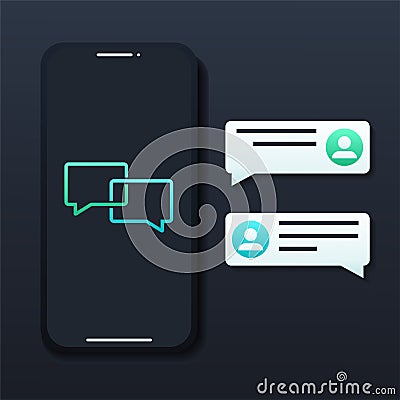 Chat messages notification with text preview on smartphone. Messages bubbles with user profile. Vector Illustration