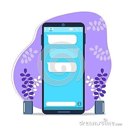 Chat on phone screen with empty speech text-boxes. Mobile messenger template vector. Dialogue message for social network Stock Photo