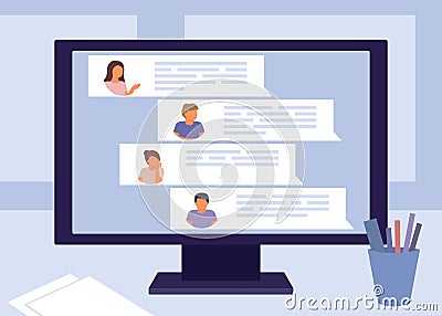 Chat screen display on computer with messenger application. Communication people, dialog, conversation online, internet Vector Illustration