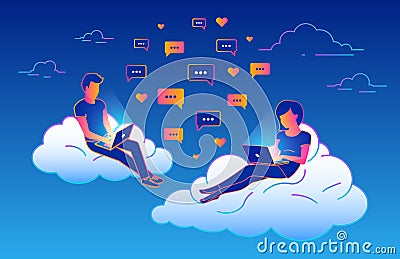 Chat talk concept design of young people using laptops for sending messages and sitting on clouds in the sky Vector Illustration