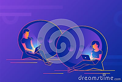 Chat talk concept illustration of young people using laptops for sending messages Vector Illustration