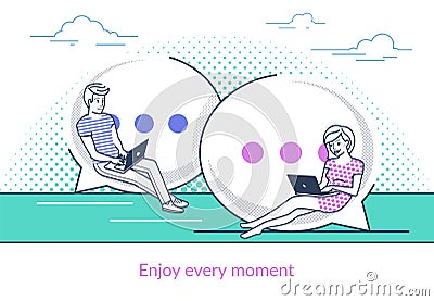 Chat talk concept illustration of young people using laptops for sending messages Vector Illustration