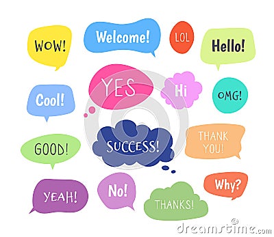 Chat words bubbles. Colorful thinking balloon conversion bubbling chatting comments information cloud comic voice shapes Vector Illustration