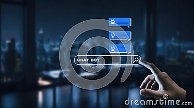 Chatbot with AI (Artificial Intelligence), search engine, businessman interacting connection to AI, command prompt Stock Photo