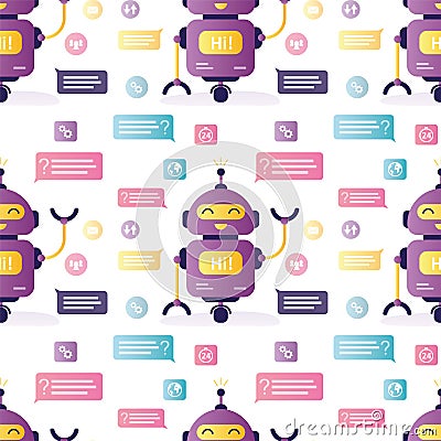 Chatbot application seamless pattern. Artificial intelligence says hi. Funny virtual assistant with various dialogues. Robot helps Vector Illustration