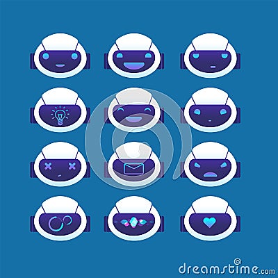 Chatbot avatar. Chat bot head with different emotions and symbols on face. Ai chatbots vector set Vector Illustration