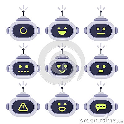 Chatbot avatar. Computer chat bots, android robot facial expressions and robotic cyborg head. Robots logo or bot vector icon set Stock Photo