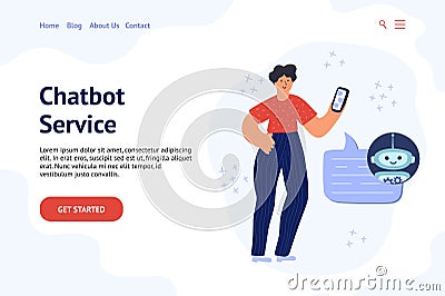 Chatbot banner concept with a man chatting with bot Vector Illustration