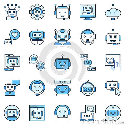 Chatbot blue icons set. AI Cute Chatbots Robots signs collection Stock Photo