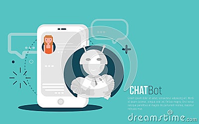 Chatbot business concept. User Girl chatting with robot mobile application. Bot concept in flat modern style. Vector Vector Illustration