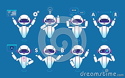 Chatbot character. Cute robot online chat robot in different poses. Chatterbot vector isolated set Vector Illustration