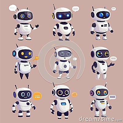 Chatbot characters. Artificial intelligence robot assistant, modern technology cute internet bot concepts, vector Vector Illustration