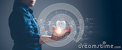 Chatbot Chat with AI, Artificial Intelligence. Businesswoman using technology smart robot AI, artificial intelligence by enter Stock Photo