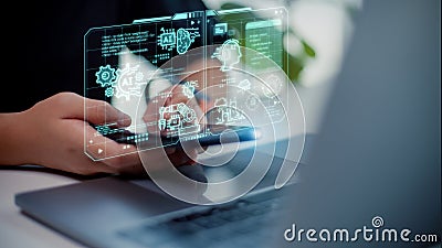 Chatbot Chat with AI, Artificial Intelligence. Women use technology smart robots AI, and artificial intelligence by enter command Stock Photo