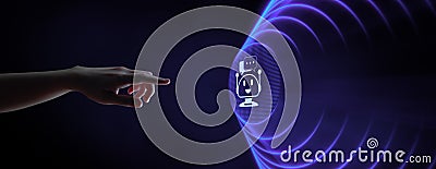Chatbot chat bot customer service automation. Hand pressing button on virtual screen Stock Photo
