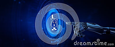 Chatbot chat bot customer service automation. Robotic hand pressing button 3d render. Stock Photo