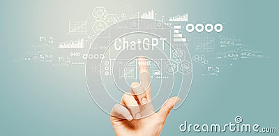 Chatbot ChatGPT - Aartificial Iintelligence theme with hand pressing a button Stock Photo