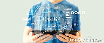 Chatbot ChatGPT - Aartificial Iintelligence theme with man using a tablet Stock Photo