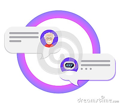Chatbot concept. Bot chatting with man . Online conversation with texting message. Vector illustration in flat design style Vector Illustration
