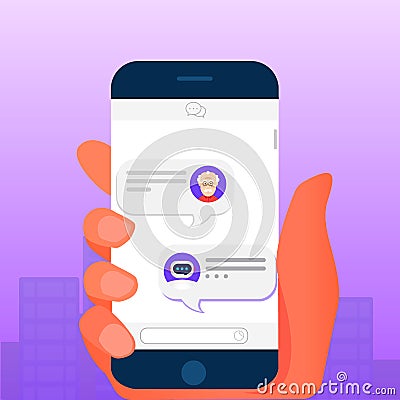 Chatbot concept and future marketing concept. Dialog help service.Man chatting with chat bot. Vector Illustration