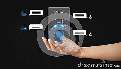 Chatbot concept. Hand touching digital chatbot for provide access to information and data in online network. Stock Photo