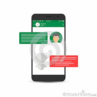 Chatbot concept. Man is asking question to chatbot. User icon and virtual assistant icon chatting Vector Illustration