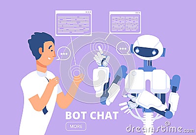 Chatbot concept. Man chatting with chat bot. Customer support service vector illustration Vector Illustration