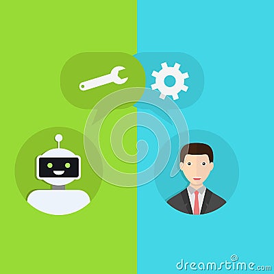 Chatbot concept. Man chatting with chat bot. Interaction with robot. Change settings with a bot. Communication with chat Vector Illustration