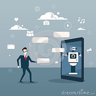 Chatbot Concept Man Communication With Chat Bot From Digital Tablet Vector Illustration