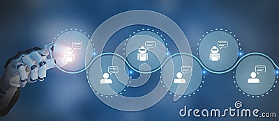 Chatbot conversation assistant concept. Robot hand interface, chatbot communication and artificial intelligence. Stock Photo